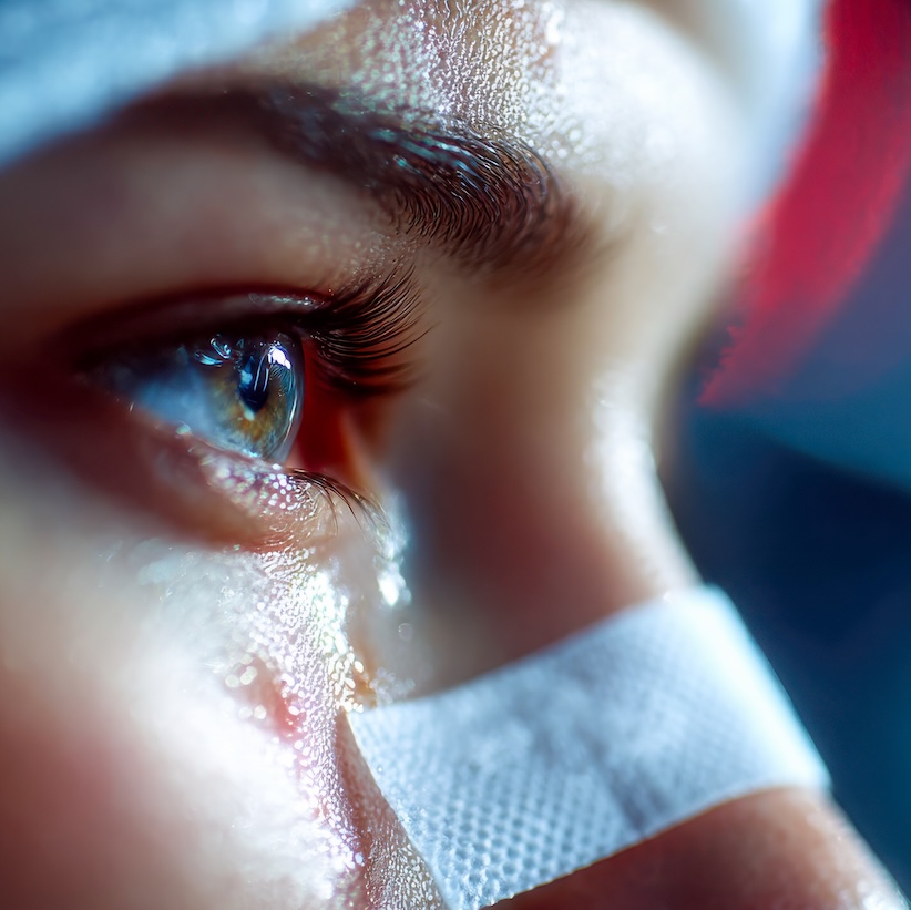 Extreme close-up of a human eye with medical nasal tamponade, symbolizing emergency care, injury treatment, or clinical health situation Same-day eye emergency care available in Savannah, TN